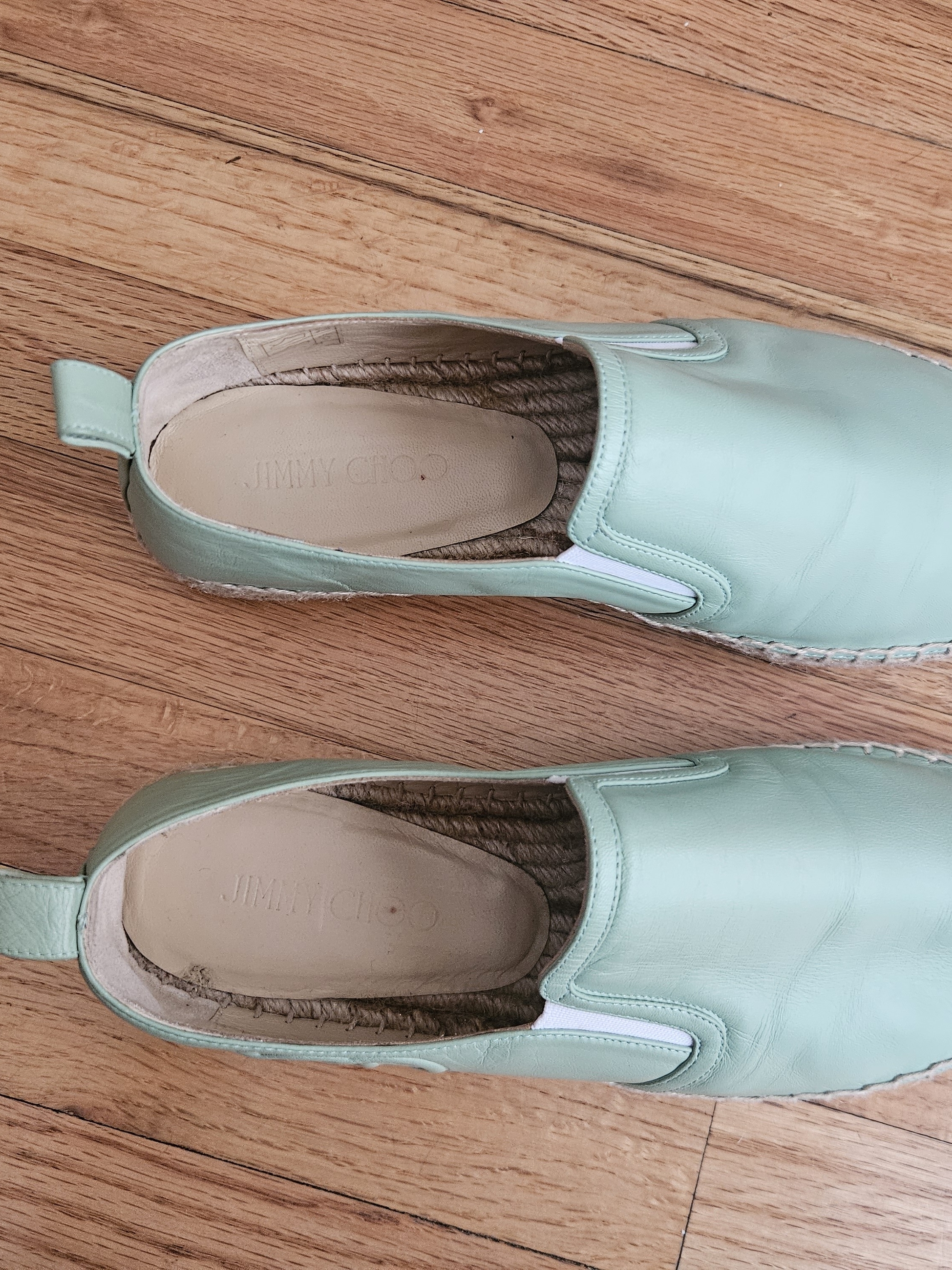 Jimmy Choo Mint Green Leather Espadrille Slip-Ons With Jute Sole